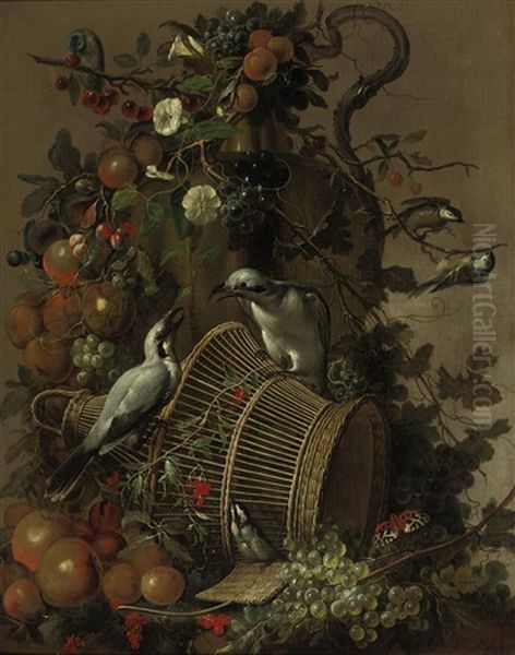 Two Loggerhead Shrikes On A Reed Cage, Apples, Peaches, Grapes, Pears, Red Berries And Cherries Together With Flowers Hanging From A Vase - view 1