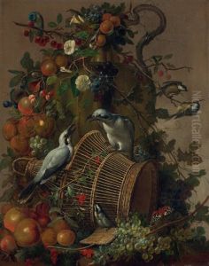 Stilleben Mit Vogeln, Blumen, Fruchten Und Schmetterling by Jacobus Vonck