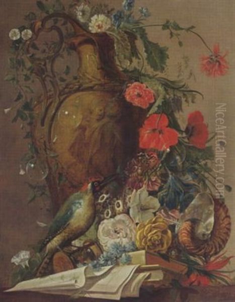 A Still Life With Roses And Other Flowers In A Sculpted Stone Vase, Together With A Green Woodpecker, A Nautilus Shell, Bubbles, Books And Papers - view 1