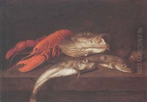 A Still Life Of A Lobster, A Cod And Other Fish, All On A Wooden Ledge by Jacobus Vonck