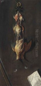 Finches And Snipe Hanging On A Hook, With The Barrel Of A Rifle In The Foreground by Jan Vonck