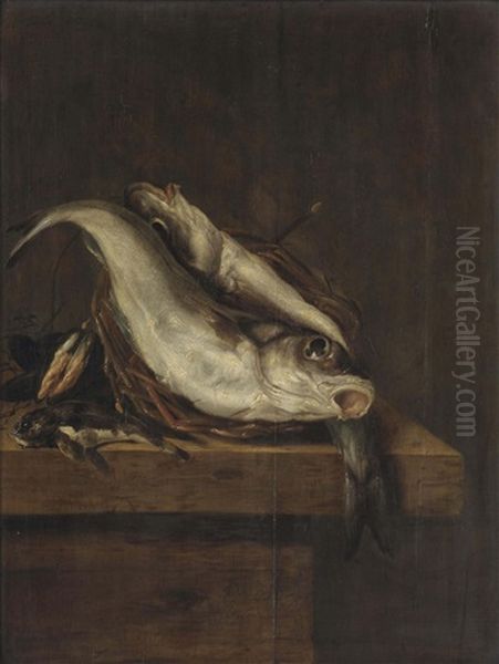 A Haddock, A Gurnard And Mussels In A Twig Basket On A Wooden Ledge - view 1