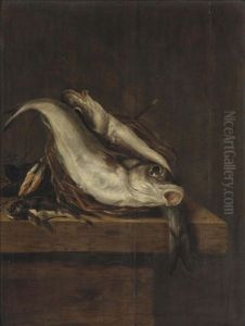 A Haddock, A Gurnard And Mussels In A Twig Basket On A Wooden Ledge by Jan Vonck