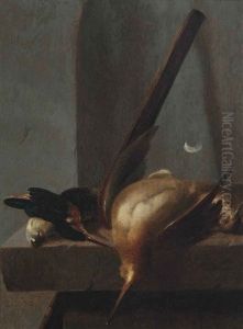 A Woodcock, A Kingfisher, A Thrush And A Greattit On A Stone Ledge by Jan Vonck
