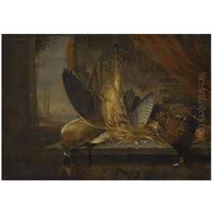 A Still Life Of Game With A Mallard Drake, A Bittern And A Cock Pheasant On A Stone Ledge, A Coastal View Beyond by Jan Vonck