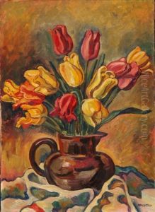 Blumenstraus Mit Roten Und Gelben Tulpen In Tonkrug by Louis Joseph Vonlanthen
