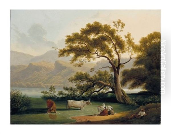 Vue Du Lac De Nemi Avec Des Figures Et Un Troupeau - view 1