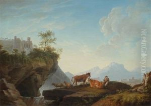 Flute-playing Shepherd With Cattle In A Landscape by Hendrik Voogd