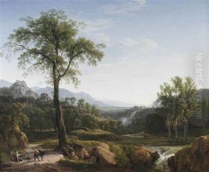 An Italianate Landscape With Travellers Resting In The Shade Of A Tree, A View Of Tivoli In The Background by Hendrik Voogd