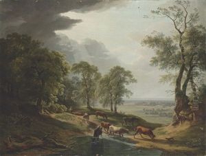 An Extensive Wooded, River Landscape, With Cattle Watering In The Foreground by Hendrik Voogd