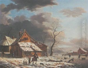 A Winter Landscape With Figures By A Farm by Henri Voordecker