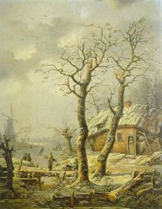 Paysage De Neige A La Riviere Gelee Animee De Patineurs by Henri Voordecker