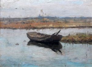 Bootje In De Polder. Verso Inscriptie Awv Voorden Oostmaaslaan by August Willem van Voorden