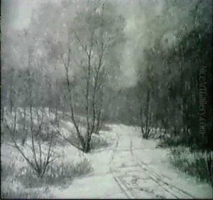 Sled Tracks Cutting Through A Snowy Woodland Path