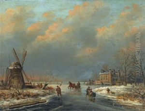 Winterliche Flusslandschaft Mit Windmuhle