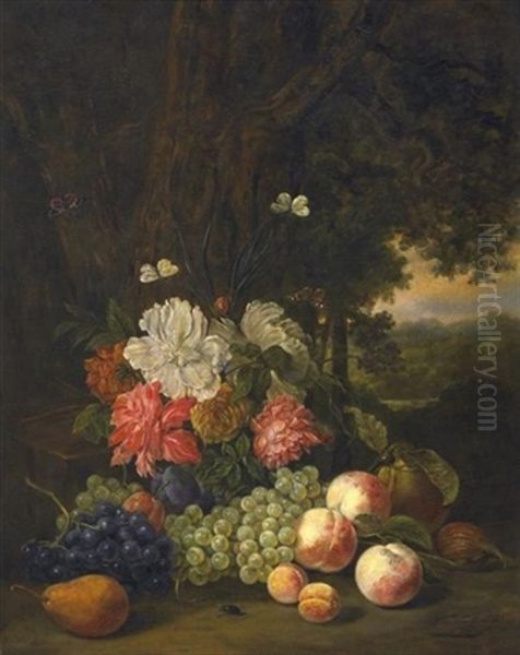 Stilleben Mit Rosen, Herbstfruchten Sowie Schmetterlingen Und Einem Kafer, Vor Landschaftshintergrund - view 1