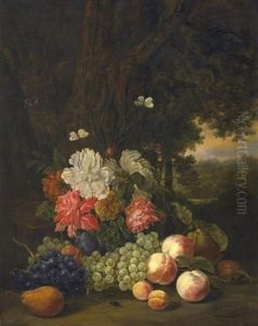 Stilleben Mit Rosen, Herbstfruchten Sowie Schmetterlingen Und Einem Kafer, Vor Landschaftshintergrund