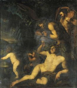 Bacchus Drinking In The Company Of Two Satyrs And Two Putti by Dirck Voorst