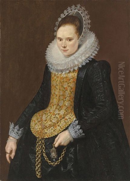 Portrait Of A Lady, Three-quarter-length, In A Black Vlieger Brocade Gown, With An Elongated Embroidered Stomacher And Embroidered Mill Ruff, Holding A Chain - view 1