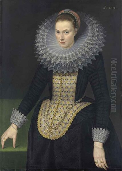 Portrait Of A Lady, Three-quarter-length, In A Black Vlieger Brocade Gown, With An Elongated Embroidered Stomacher, Lace-trimmed Cuffs And A Cartwheel Ruff Trimmed With Reticella Lace - view 1