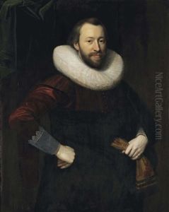 Portrait Of A Gentleman, Three-quarter-length, In A Red And Black Costume With A Lace Collar, Holding A Pair Of Gloves In His Left Hand