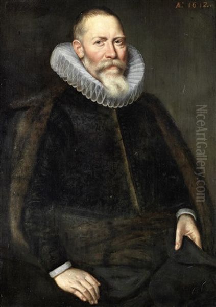 Portrait Of A Gentleman, Three-quarter-length, In A Black Coat And Fur-trimmed Mantle; And Portrait Of A Lady, Three-quarter-length, In A Black Dress And Fur-trimmed Mantle (pair) - view 1