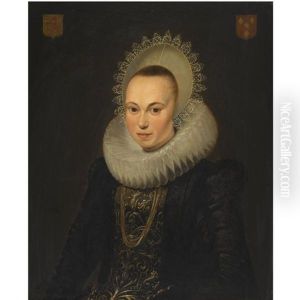 Portrait Of Justina Van Teylingen, Half Length, Wearing A Richly Embroidered Dress And A White Ruff by Cornelis van der Voort