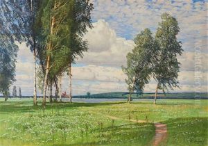 Landschaft Mit Birken Und See by Paul Vorgang
