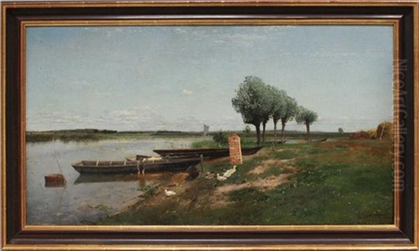 Sommerlicher Flusslauf In Den Masuren (?) Mit Fischer An Seinen Booten Und Entenschar - view 1
