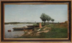 Sommerlicher Flusslauf In Den Masuren (?) Mit Fischer An Seinen Booten Und Entenschar