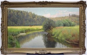 Mecklenburgische Landschaft Mit Kiefern Und Rehen An Flusslauf