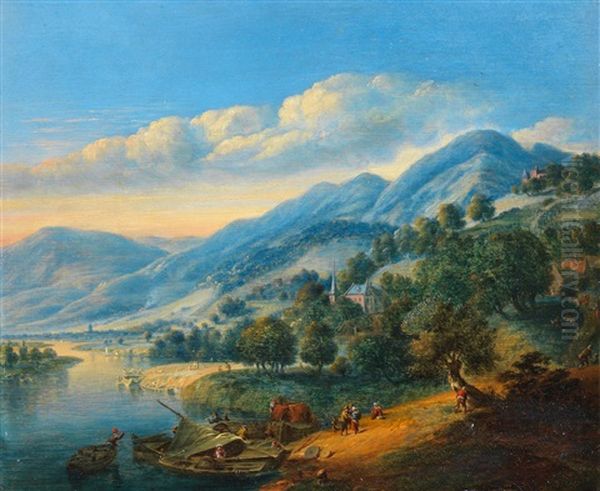An Extensive River Landscape With Figures On Boats Near The Shore - view 1