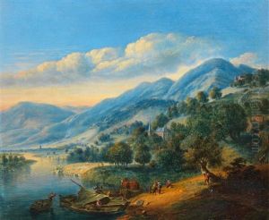 An Extensive River Landscape With Figures On Boats Near The Shore