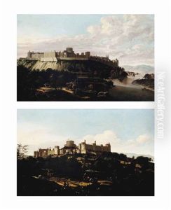 View Of Windsor Castle And The Thames From The North-east With Figures...(+ View Of Windsor Castle From The South-west With Figures On Horseback ...; Pair) by Johannes Vorsterman