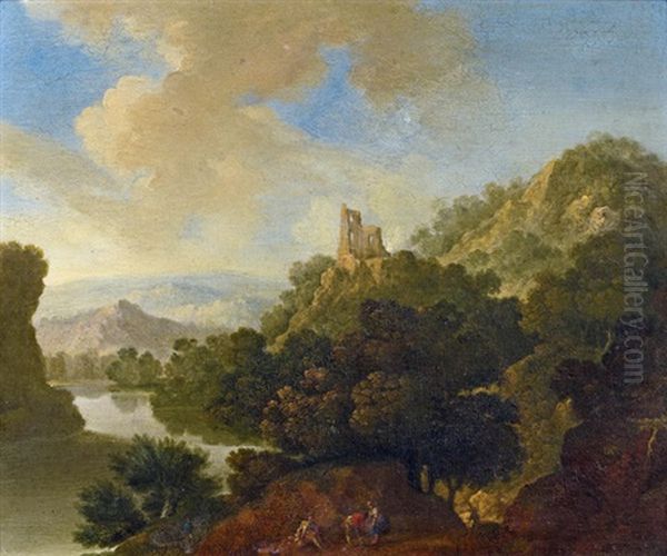 Bergige Flusslandschaft Mit Ruine Und Drei Staffagefiguren - view 1
