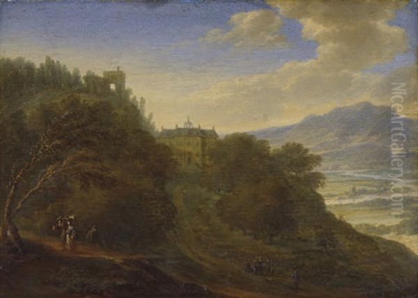 A Rhenish Landscape With Figures On A Path, A Mansion Beyond - view 1