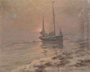 Bateau De Peche Ammare Au Coucher De Soleil by Albert Isidore de Vos