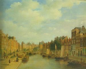 A Townview With Numerous Figures On A Quay Along A Canal by Christoffel Albertus Vos