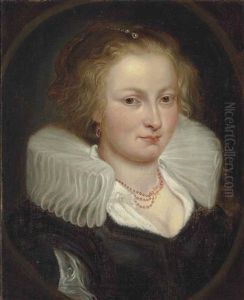 Portrait Of A Woman, Bust Length, In A Black Dress, With A White Ruff And Coral Necklace, In A Feigned Oval by Cornelis De Vos