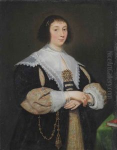 Portrait Of A Lady, In A Gold Embroidered Dress With A Lace Collar, Wearing A Pearl Necklace And A Jewelled Brooch With Diamonds by Cornelis De Vos