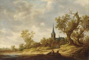 A Dune Landscape With A Village And A Church, And Figures Near A Stream In The Foreground