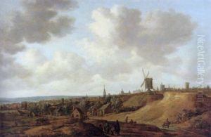 An Extensive View Of A Dutch Town With A Windmill, Several Figures On A Path In The Foreground by Jan de (Johannes IV) Vos