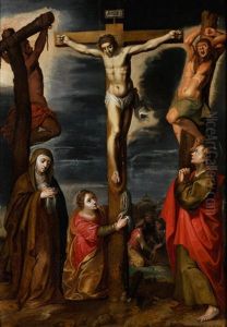 Gekreuzigter Christus Und Die Beiden Schacher, Madonna, Magdalena Und Evangelist Johannes by Marten de Vos