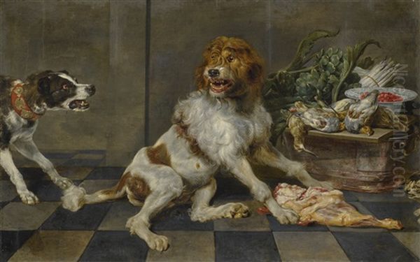 Two Dogs With A Joint Of Meat, A Basket With Game And Vegetables Behind Them - view 1