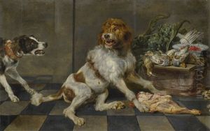 Two Dogs With A Joint Of Meat, A Basket With Game And Vegetables Behind Them by Paul de Vos