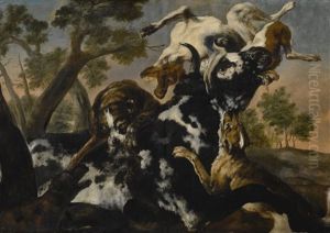Three Dogs Attacking A Cow by Paul de Vos