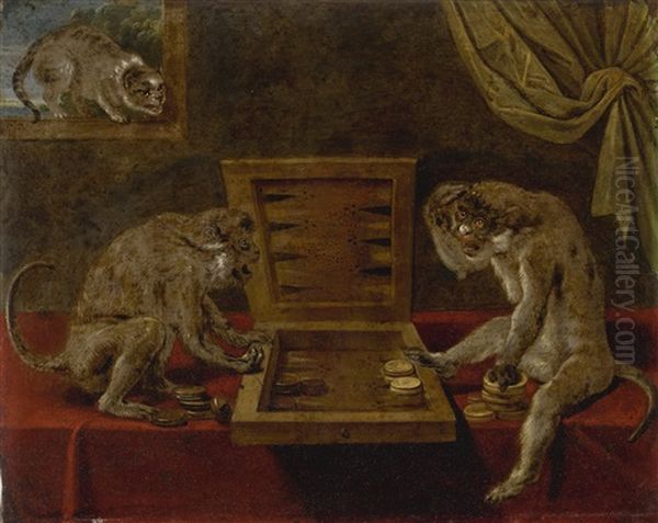 Monkeys Playing Backgammon Watched By A Cat - view 1