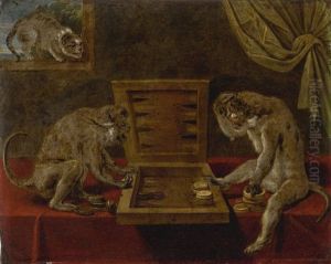 Monkeys Playing Backgammon Watched By A Cat by Paul de Vos