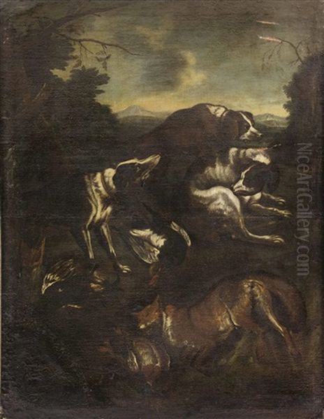 Drei Jagdhunde In Landschaft Nach Vollbrachter Jagd - view 1