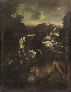 Drei Jagdhunde In Landschaft Nach Vollbrachter Jagd by Paul de Vos